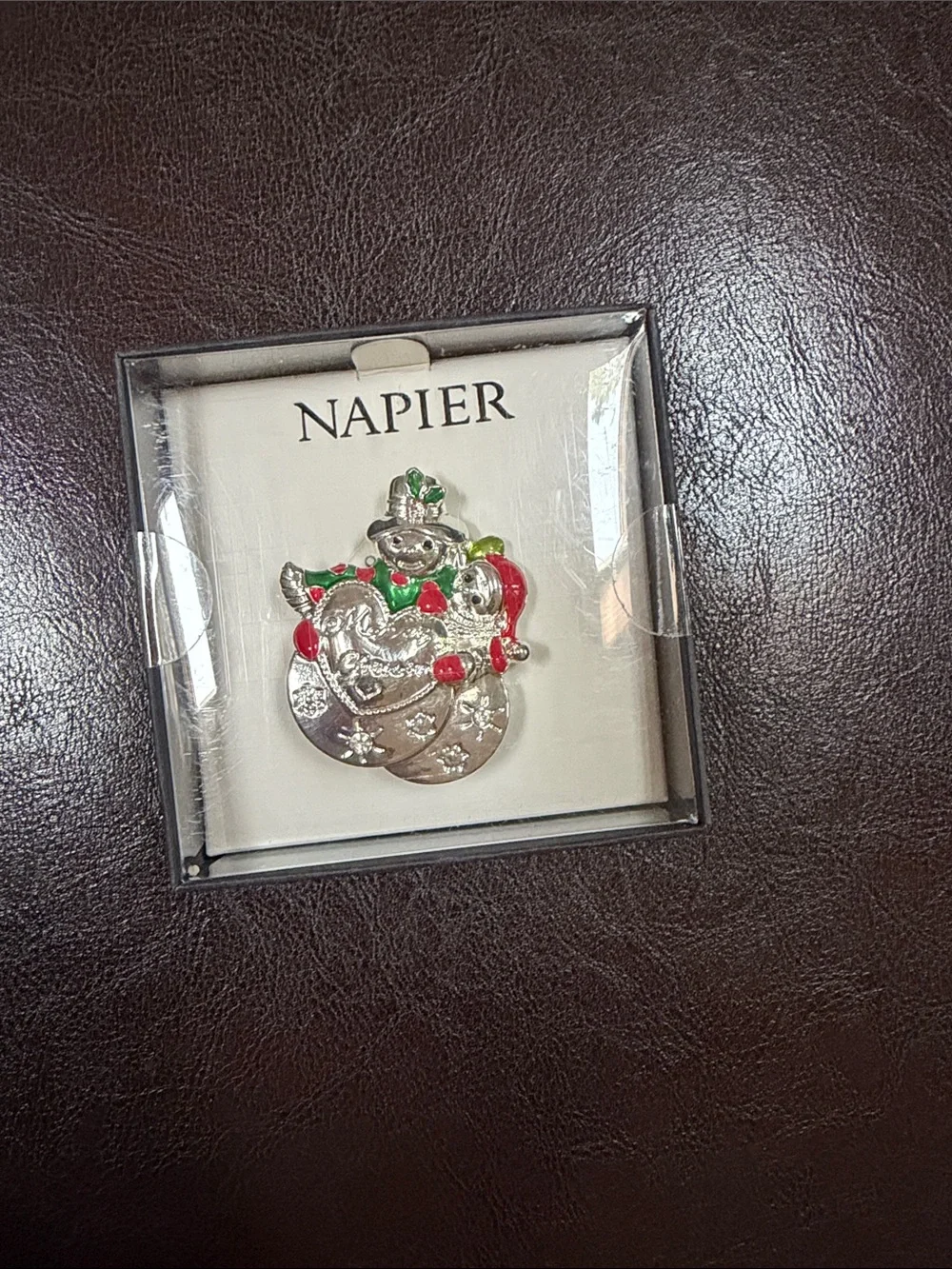 Napier Silver Snowman Pin with Red and Green Accents